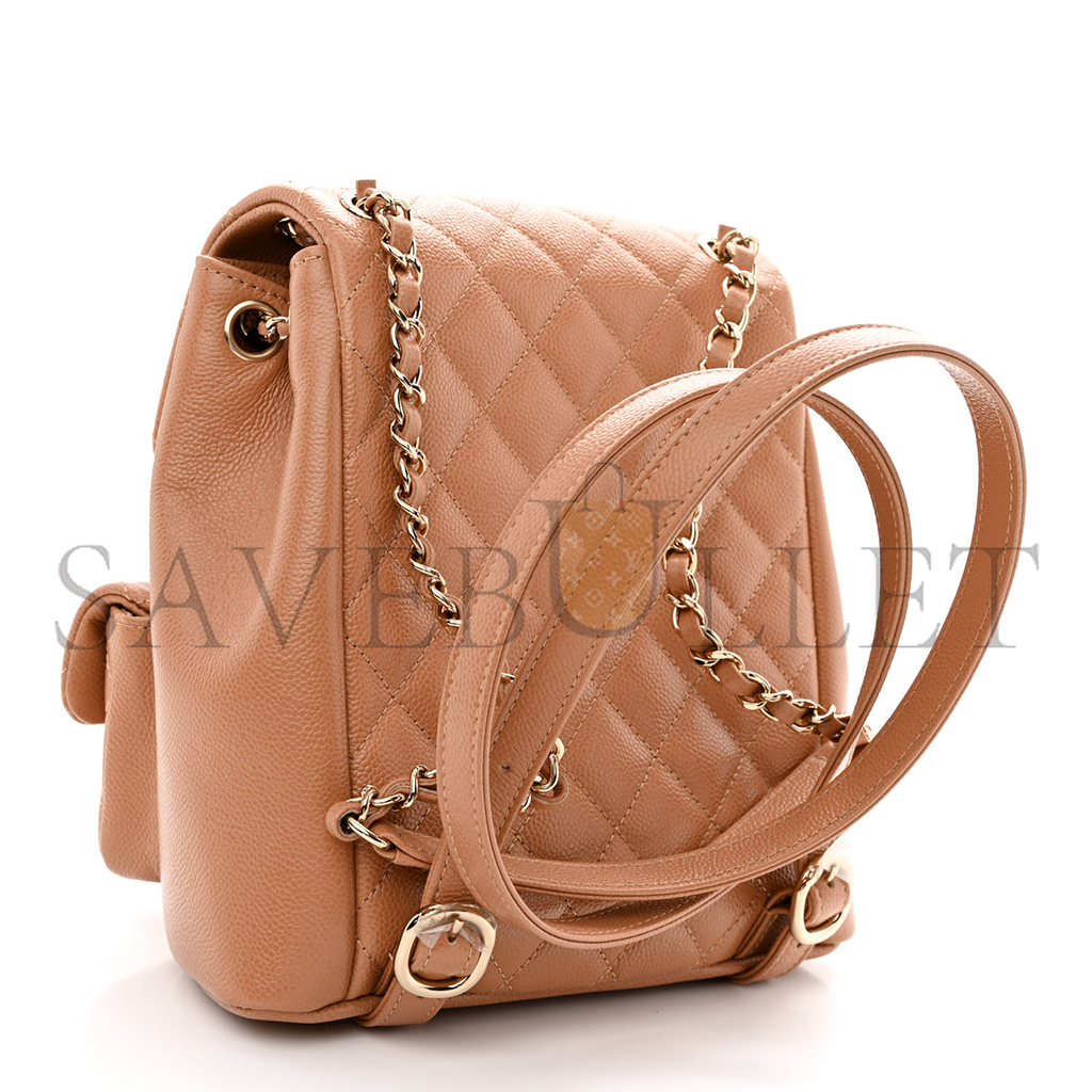 Ch*el master shiny caviar quilted duma pockets drawstring backpack dark beige (20.5*20*11.5cm)